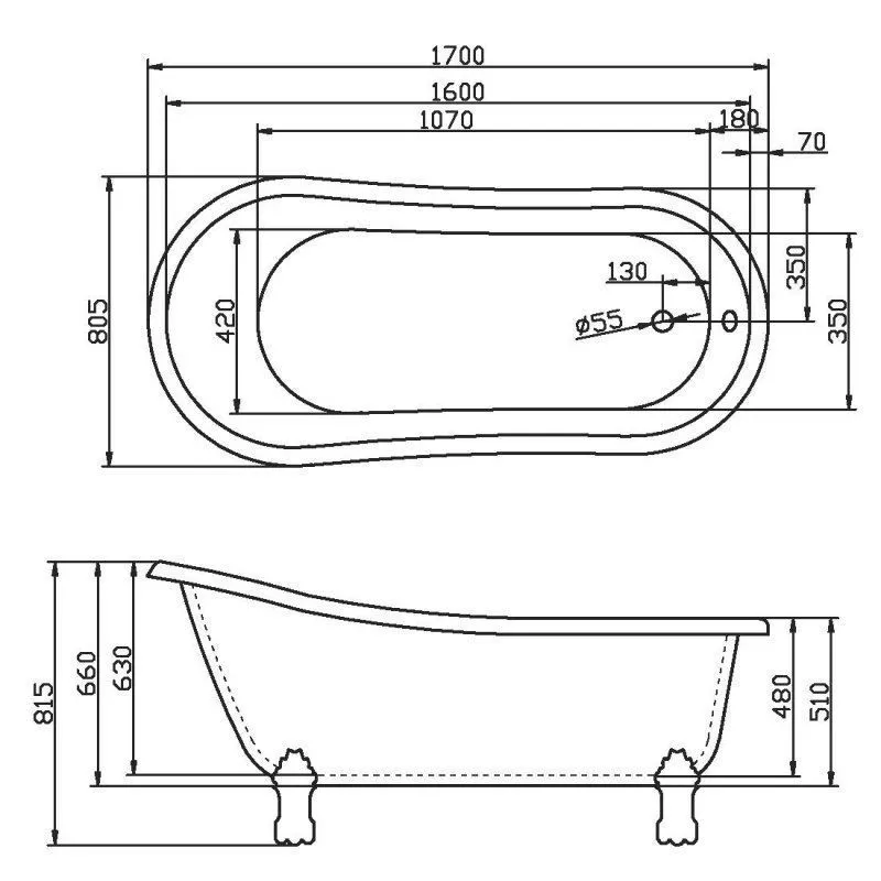 Ванна акрил 170-80 отдельностоящая без м/к BelBagno  BB04
