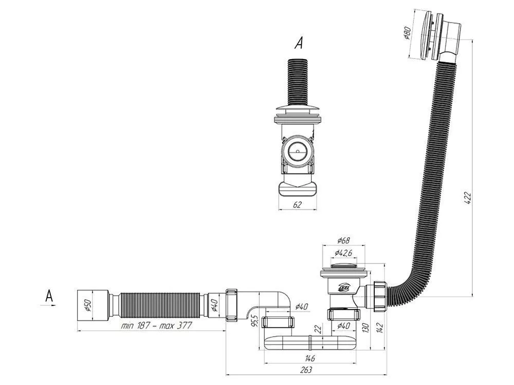 Сифон для ванны 1&quot1/2-40/50 плоский клик-клак с гофрой АНИ Пласт EC055