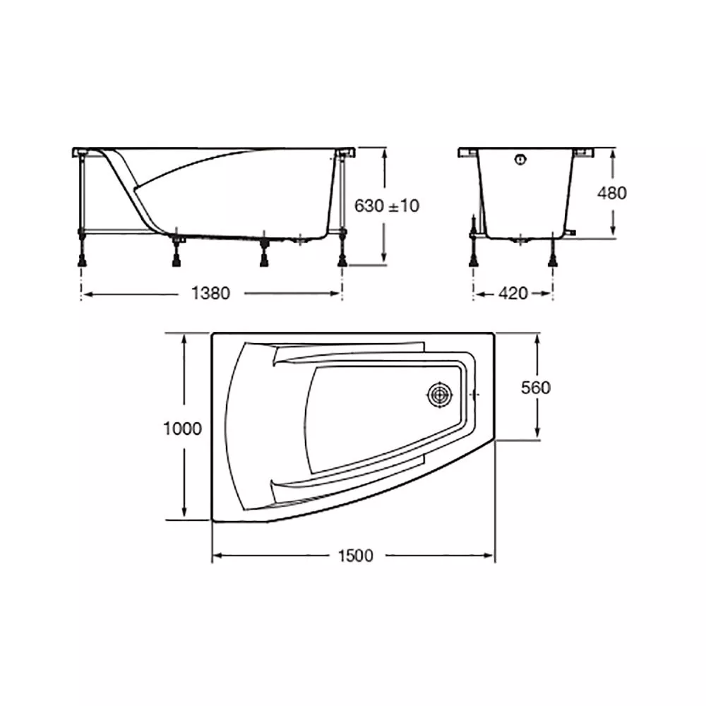 Ванна акрил 150-100 асим правая каркас с/п экран Roca Hall ZRU9302865+ZRU9302868+ZRU9302867