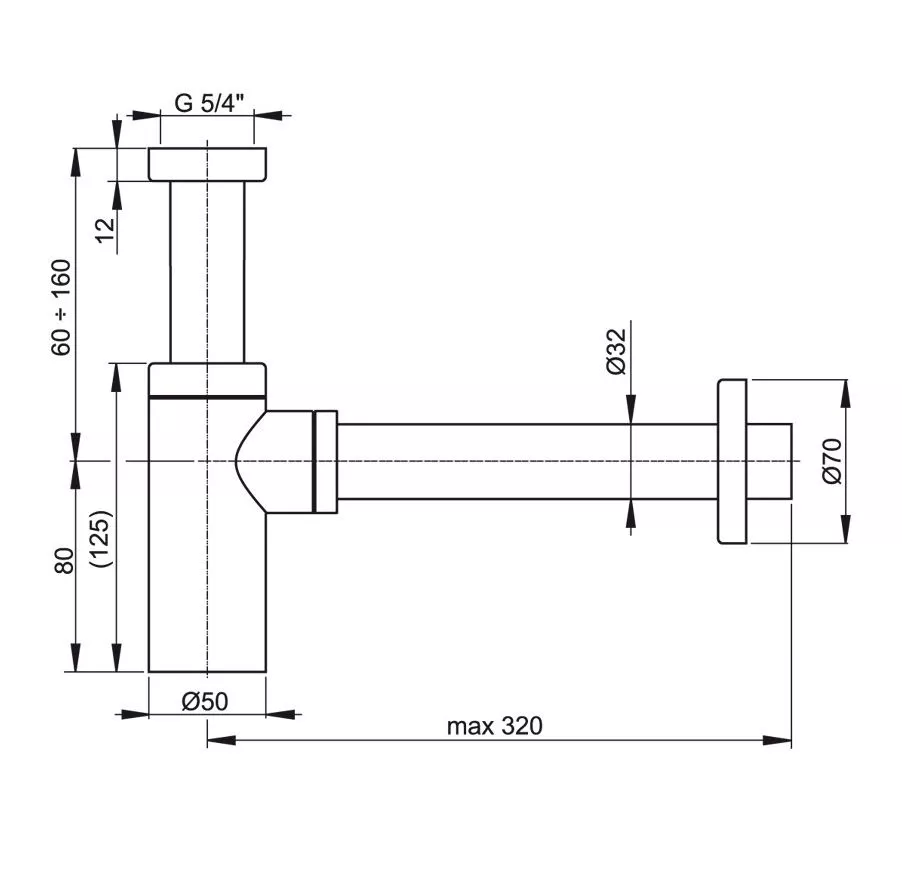 Сифон для раковины 1&quot1/4-32 без выпуска круглый металл хром Alcaplast Design  A400