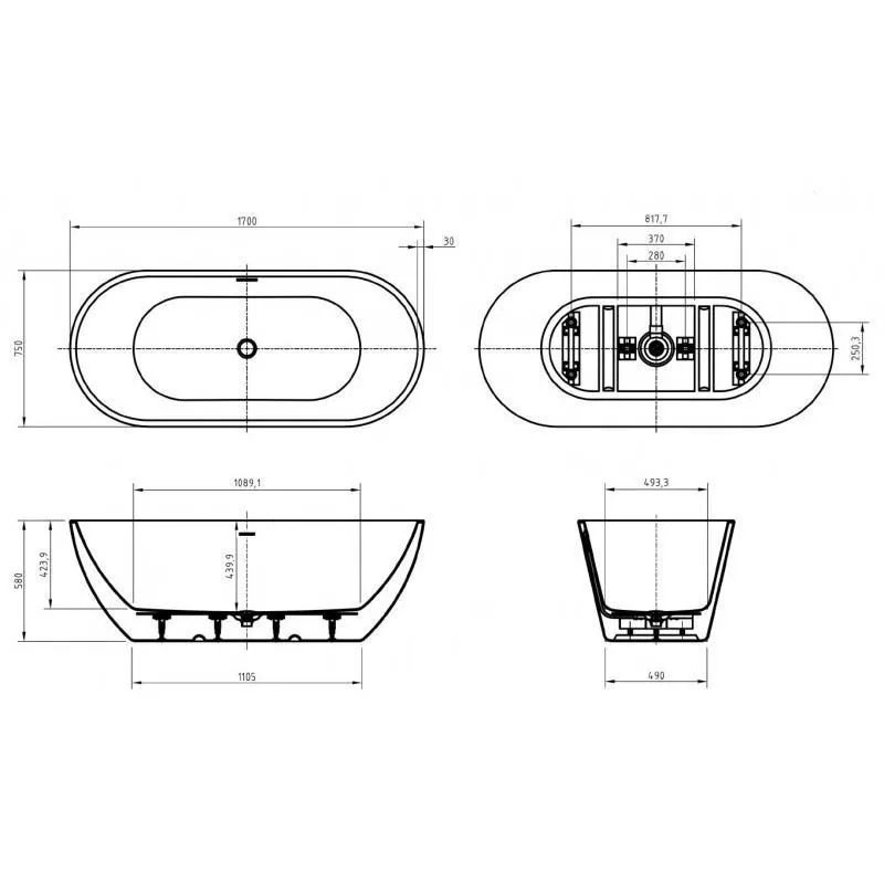 Ванна акрил 170-75 отдельностоящая с/п BelBagno Uno BB701-1700-750-K