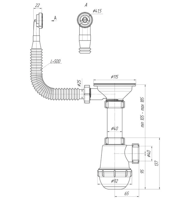 Сифон для мойки 3&quot1/2-40 с переливом круглым АНИ Пласт Грот A0142S