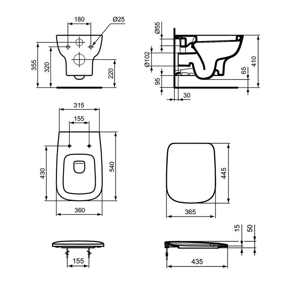 Унитаз подвесной Ideal Standard Esedra безободковый с сиденьем м/л дюропласт T281401+T318101